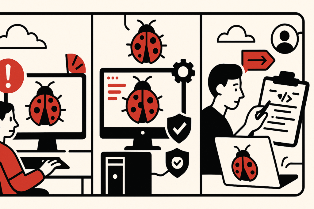 Person debugging automation software with ladybug icons.